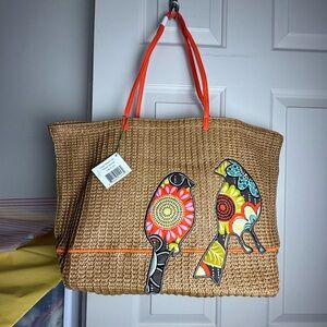 NWT Vera Bradley Flower Shower Large Straw Tote Beach Tote Bag Retired Birds